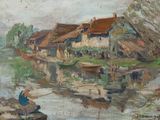 un tableau représentant un homme assis sur un rocher au bord d'une rivière