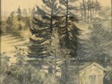 dessin représentant une cabane dans les bois, avec un arbre au premier plan