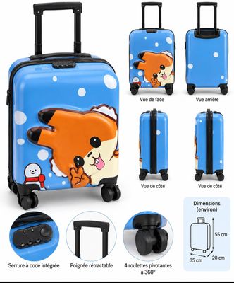 une photo d'une valise bleue sur laquelle figure l'image d'un chien