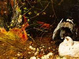 a painting of a dog and two chickens in a field