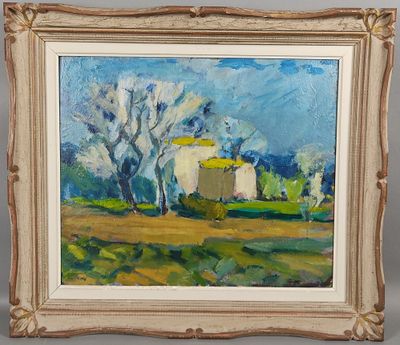 an oil painting of a house and trees in a field
