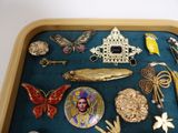 a tray with many different types of brooches and pins
