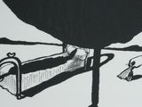 a black and white drawing of a person laying on a bed under a tree