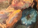 une peinture à l'huile représentant une femme allongée sur un canapé, une fleur posée sur ses genoux