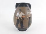 a brown vase with a picture of a man and a woman on it