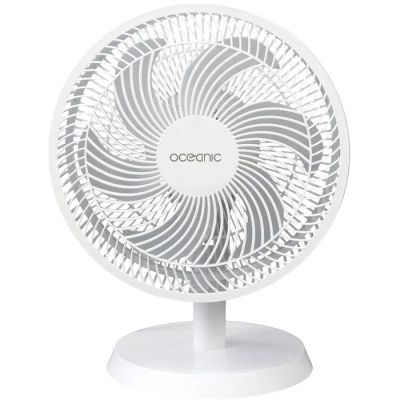 une photo d'un ventilateur de table blanc posé sur un pied blanc