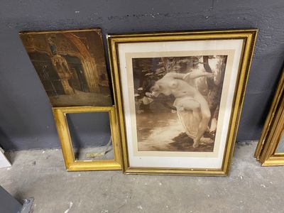 three framed pictures of a woman and a dog in a room