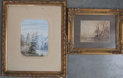 deux tableaux encadrés représentant des arbres et un paysage de montagne, dans un cadre doré