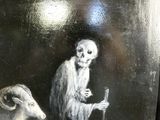 a picture of a painting of a skeleton and a ram
