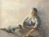 painting of a woman and child sitting on the ground next to each other