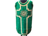 a green vest with a cross on the front and a cross on the back