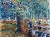 une peinture à l'huile représentant un arbre dans un parc, à côté d'un banc