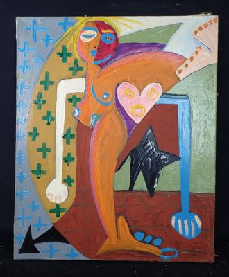 peinture abstraite représentant une femme et un chat sur une table