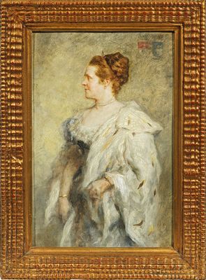 un tableau représentant une femme en robe blanche, dans un cadre doré