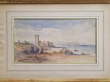 tableau représentant une scène de plage avec un château au loin