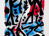 a painting of a group of people on a red, white and blue background