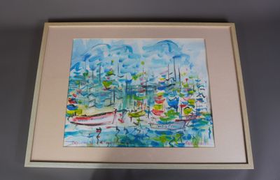 aquarelle encadrée représentant des bateaux dans un port sous un ciel bleu