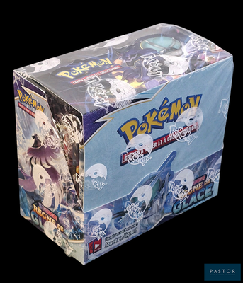 a box of pokemon trading cards on a black background