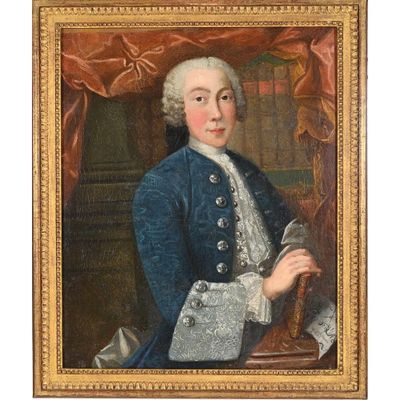 un vieux tableau représentant un homme en manteau bleu tenant un livre