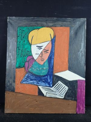 une image représentant un tableau où l'on voit un homme assis à un bureau avec un livre