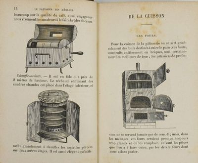 un livre ouvert sur lequel figurent le dessin d'un poêle et d'autres objets
