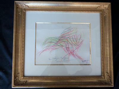 gold framed picture of a drawing of a horse with colored hair