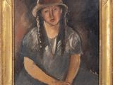 painting of a girl with braids in a hat sitting on a table