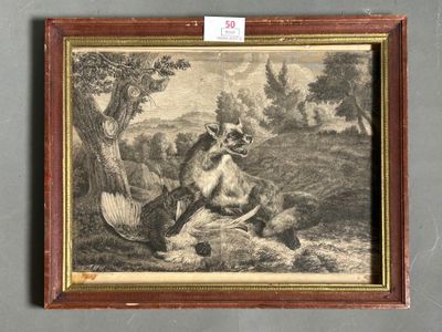 an old picture of a dog and a cat in a wooded setting