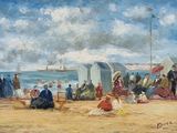 a painting of people on the beach by the water