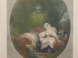 an old painting of a woman laying on a bed in a wooded area