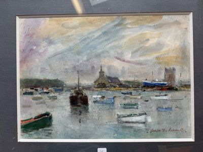 a painting of boats in the water with a castle in the background