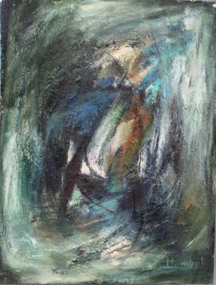 une peinture à l'huile représentant un homme à cheval traversant un tunnel