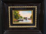 painting of a boat on a river with a bridge in the background