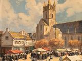 painting of a city square with a church in the background and a crowd of people in the foreground