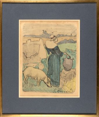 tableau représentant une femme et un chien dans un champ avec des moutons