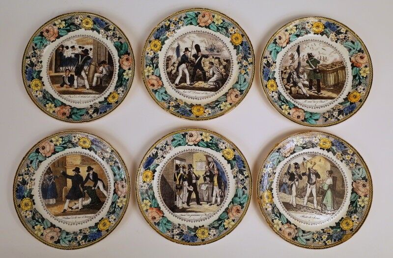 Choisy Le Roi : rare série complète de douze assiettes en faïence polychrome. "révolution 27 juillet 1830 : les trois...