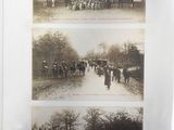 three old black and white photos of people walking down a street