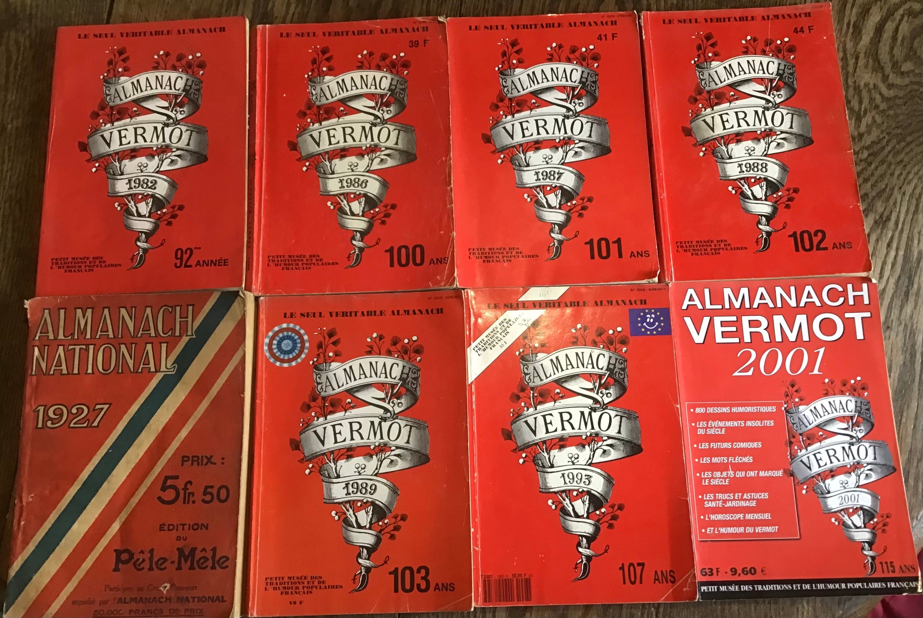 Ensemble de 7 volumes de l’Almanach Vermot 1982,1986,1987,1988,1989,1993 et 2001 Et 1 volume de l’Almanach National d...
