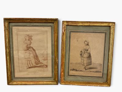 two framed drawings of a woman in a dress and a man in a hat