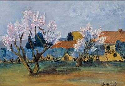 tableau représentant une maison et des arbres dans un champ