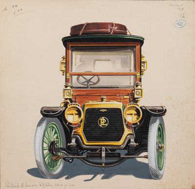 drawing of an old model t car with a brown leather seat