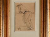 framed drawing of a man leaning on a wall with his back to the camera