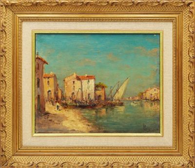 une peinture de bateaux dans un port avec des bâtiments à l'arrière-plan