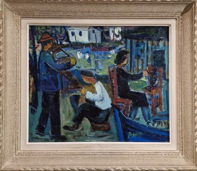 une image d'un tableau représentant un groupe de personnes assises sur un banc