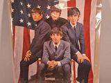 an image of a picture of the beatles sitting on a chair in front of an american flag