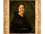 portrait of a woman in a black cloak by a gold frame