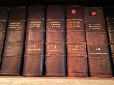 de nombreux livres anciens alignés sur une étagère dans une bibliothèque