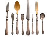 five forks and a knife on a white background