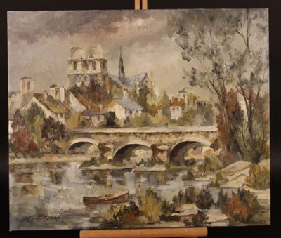 painting of a painting of a bridge over a river with a castle in the background