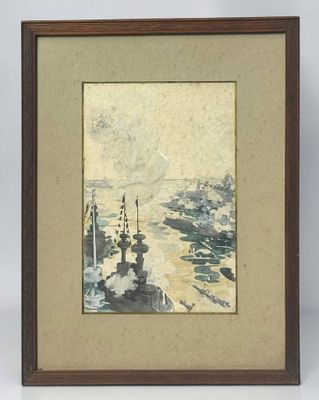 painting of a view of a harbor with boats in the water